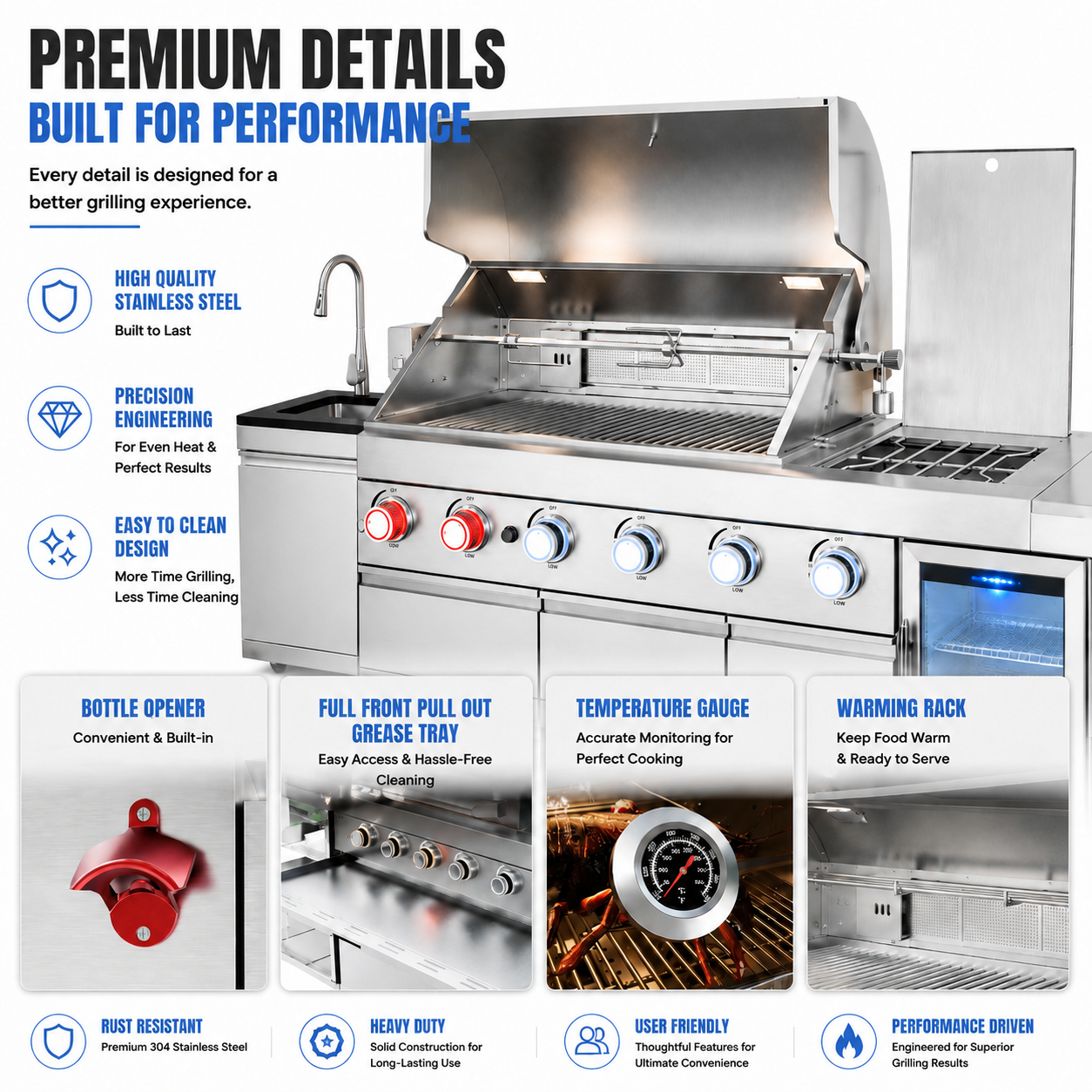 Outdoor Kitchen Island 95.8 Inch 6+1 Burner Propane Gas BBQ Grill 95500 BTU 304 Stainless Steel Silver Color With CSA, ETL Certification + Sink + Refrigerator + Bar Table