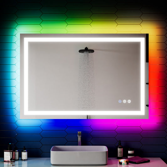 48"x 32" RGB Smart LED Bathroom Mirror–Color Changing Backlit Mirror with Anti-Fog & Dimmable Touch Control|Exbrite DYLUX