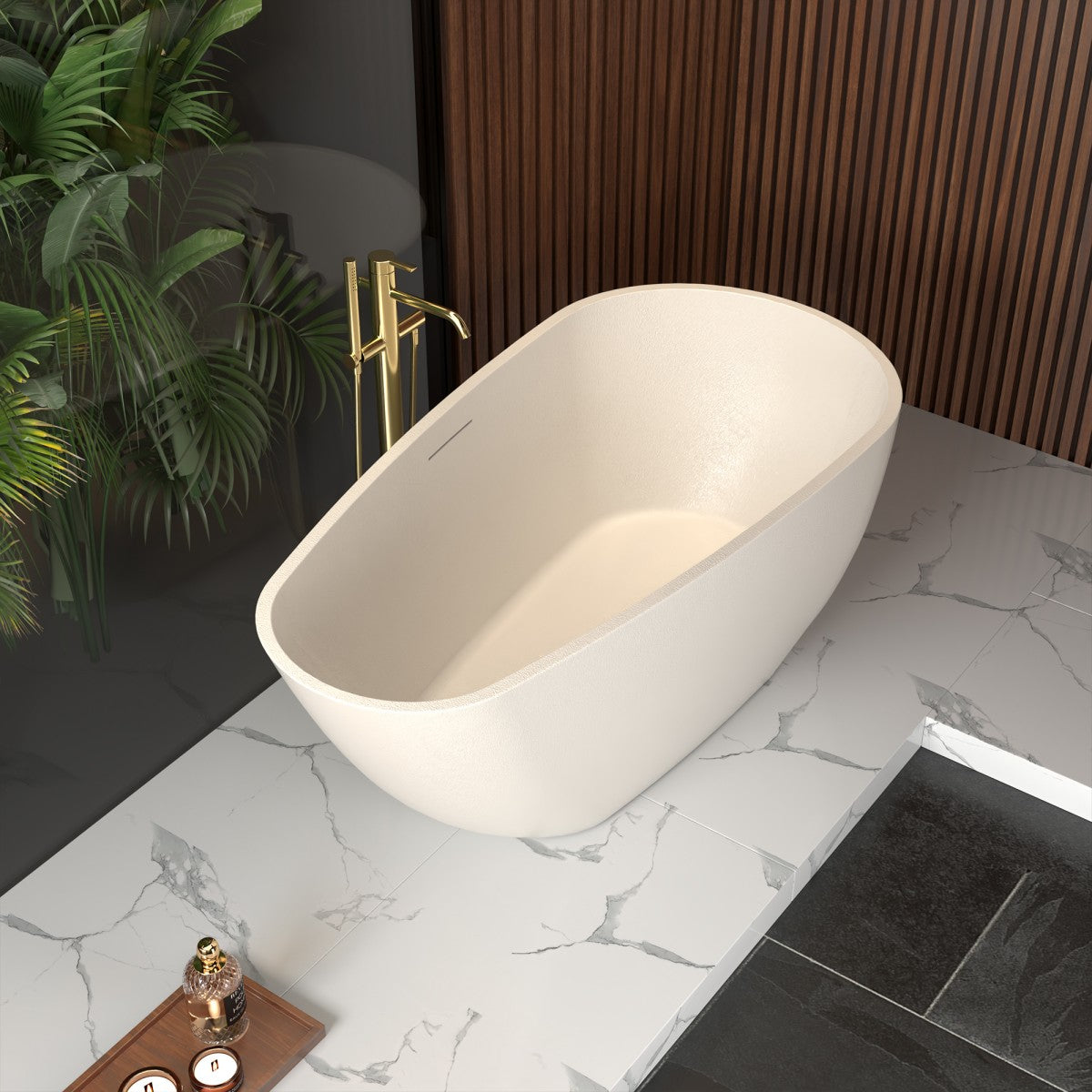 Allsumhome RockE 59" Freestanding Soaking Bathtubs - Stone Touch in Milky Coffee, Scratch-proof, cUPC Certified Freestanding Bath Tubs