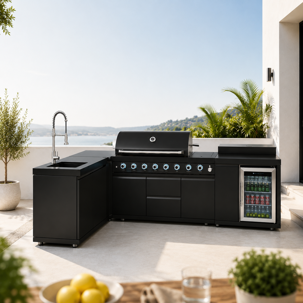 Outdoor Kitchen Island 95.8 Inch 6+1 Burner Propane Gas BBQ Grill 95500 BTU 304 Stainless Steel Black Color With CSA, ETL Certification + Sink + Refrigerator + Bar Table