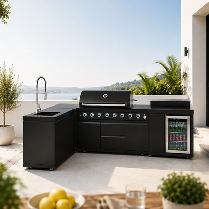Outdoor Kitchen Island 95.8 Inch 6+1 Burner Propane Gas BBQ Grill 95500 BTU 304 Stainless Steel Black Color With CSA, ETL Certification + Sink + Refrigerator + Bar Table