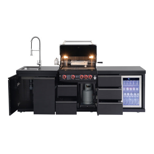 Outdoor Kitchen Island 102.4 Inch 4 Burner Propane Gas BBQ Grill 59500 BTU 304 Stainless Steel Black Color With CSA, ETL Certification + Sink + Refrigerator