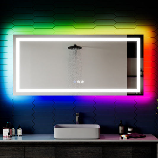 60"x 28" RGB Smart LED Bathroom Mirror–Color Changing Backlit Mirror with Anti-Fog & Dimmable Touch Control|Exbrite DYLUX
