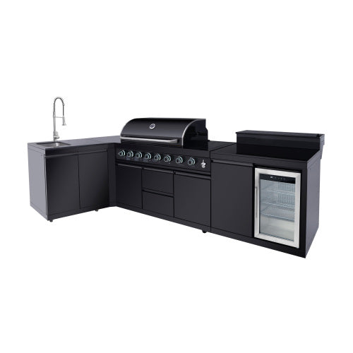 Outdoor Kitchen Island 95.8 Inch 6+1 Burner Propane Gas BBQ Grill 95500 BTU 304 Stainless Steel Black Color With CSA, ETL Certification + Sink + Refrigerator + Bar Table