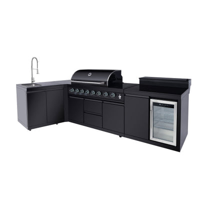 Outdoor Kitchen Island 95.8 Inch 6+1 Burner Propane Gas BBQ Grill 95500 BTU 304 Stainless Steel Black Color With CSA, ETL Certification + Sink + Refrigerator + Bar Table