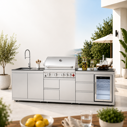 Outdoor Kitchen Island 102.4 Inch 4 Burner Propane Gas BBQ Grill 59500 BTU 304 Stainless Steel Silver Color With CSA, ETL Certification + Sink + Refrigerator