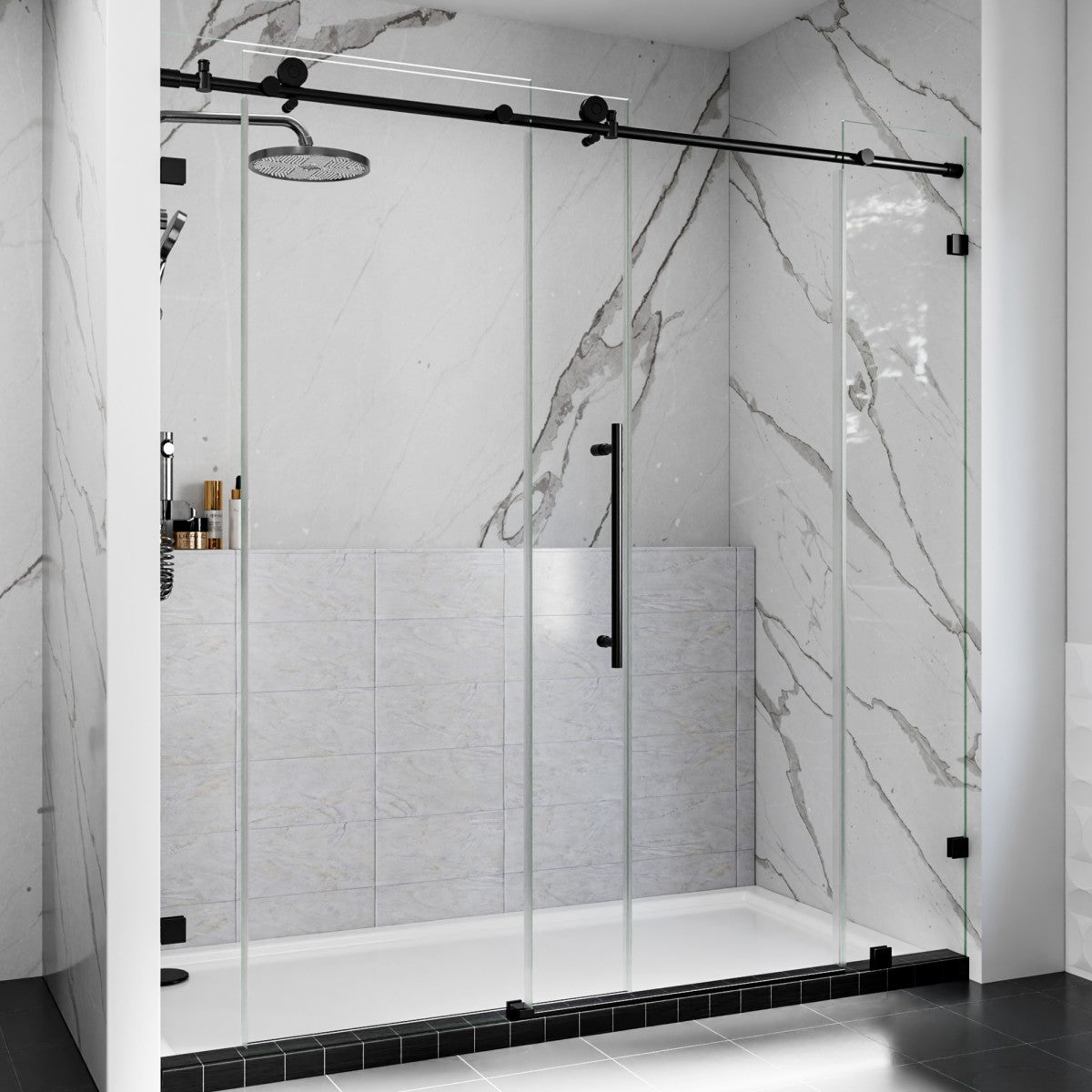 Modern shower enclosure with glass door and marble-patterned walls.