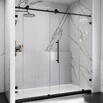 Modern shower enclosure with glass door and marble-patterned walls.