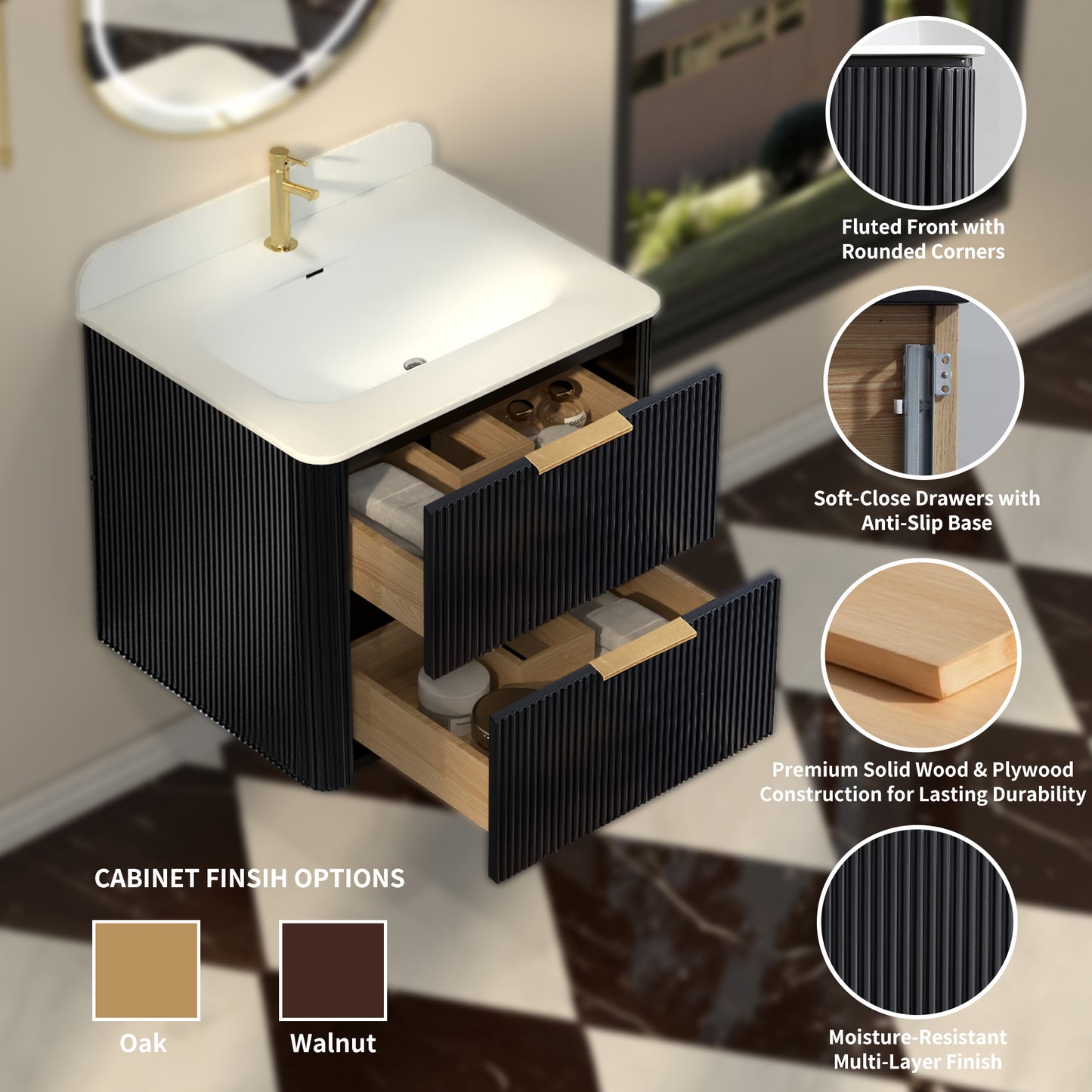 24 inch Floating Bathroom Vanity with Sink, Pre-Assembled, Wall Mounted Plywood Bathroom Storage Cabinet with Safety Rounded,Large Soft-Close Fluted Drawers & Metal Handles