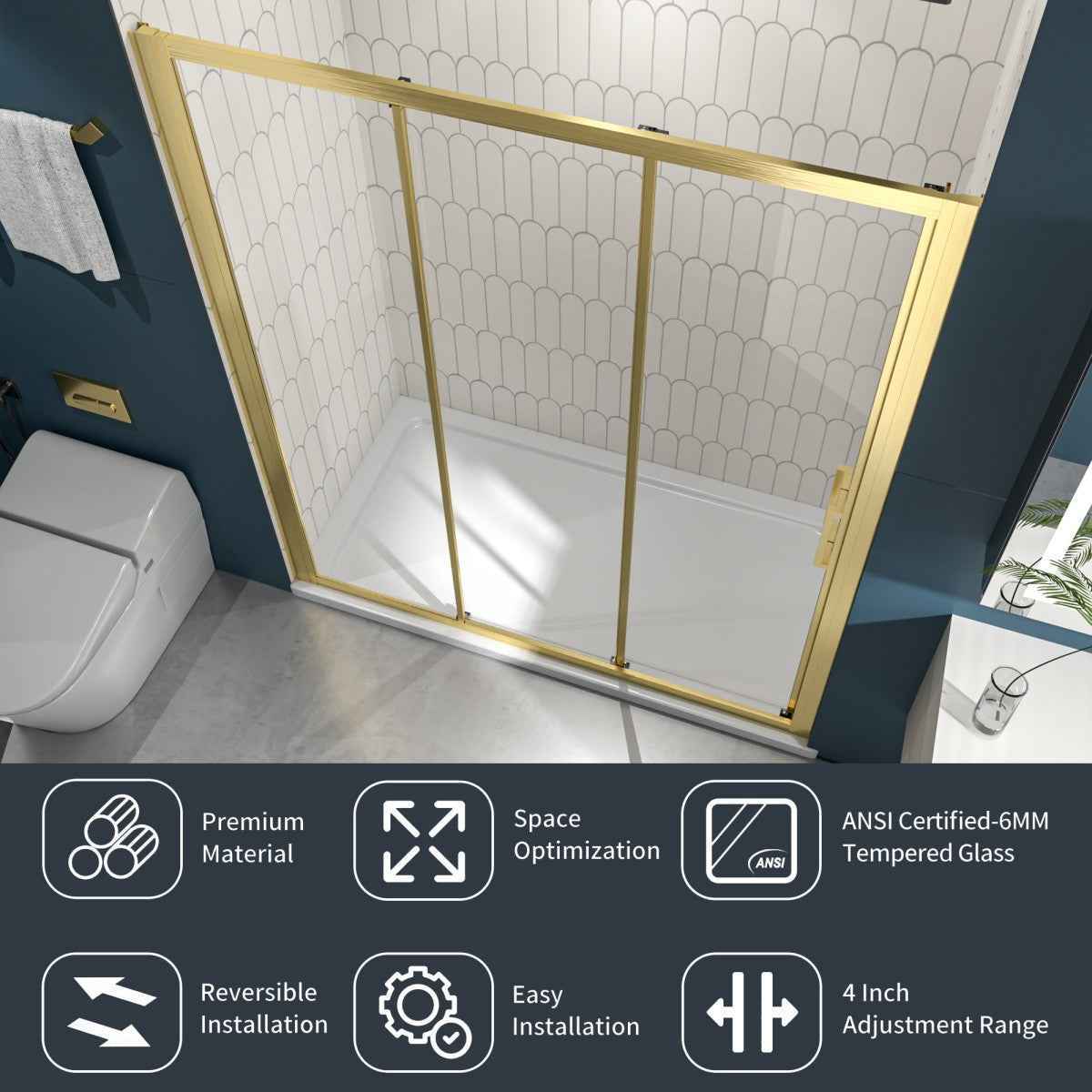 Nexus 56-60W x 70.H Easy Clean Triple Framed Sliding Shower Door with 1/4" (6mm) Clear SGCC Tempered Glass,Brushed Golde Finish (Copy) (Copy)