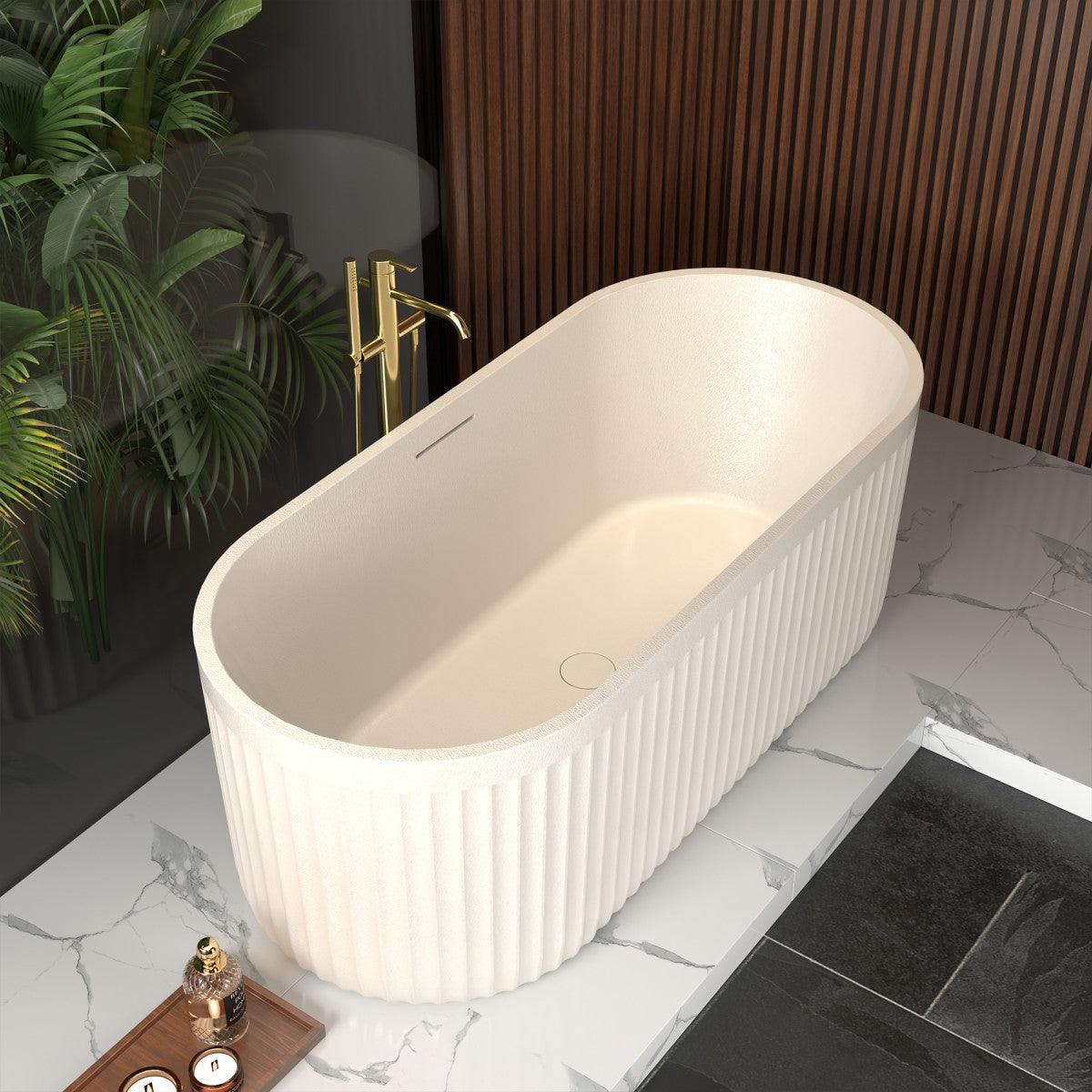 Allsumhome RockF 67" Rectangular Freestanding Bathtub - Stone Touch in Milky Coffee, Scratch-proof, cUPC Certified Freestanding Bath Tubs