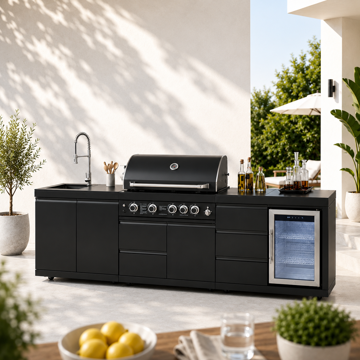 Outdoor Kitchen Island 102.4 Inch 4 Burner Propane Gas BBQ Grill 59500 BTU 304 Stainless Steel Black Color With CSA, ETL Certification + Sink + Refrigerator