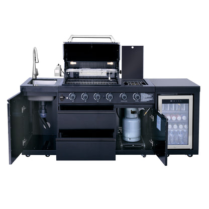 Outdoor Kitchen Island 85.2 Inch 4+1 Burner Propane Gas BBQ Grill 71500 BTU 304 Stainless Steel Black Color With CSA, ETL Certification + Sink + Refrigerator