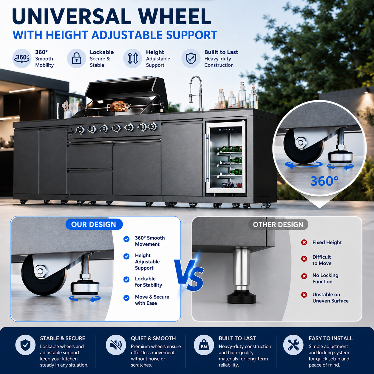 Outdoor Kitchen Island 114 Inch 6 Burner Propane Gas BBQ Grill 83500 BTU 304 Stainless Steel Black Color With CSA, ETL Certification + Sink + Refrigerator
