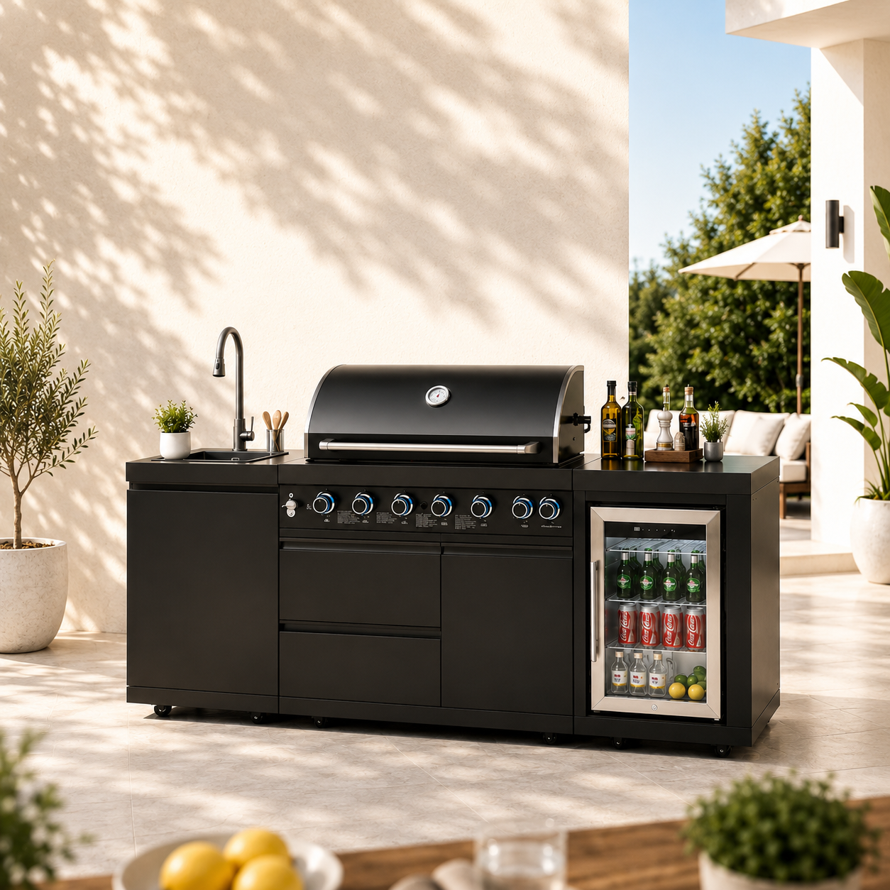 Outdoor Kitchen Island 82.5 Inch 6 Burner Propane Gas BBQ Grill 83500 BTU 304 Stainless Steel Black Color With CSA, ETL Certification + Sink + Refrigerator