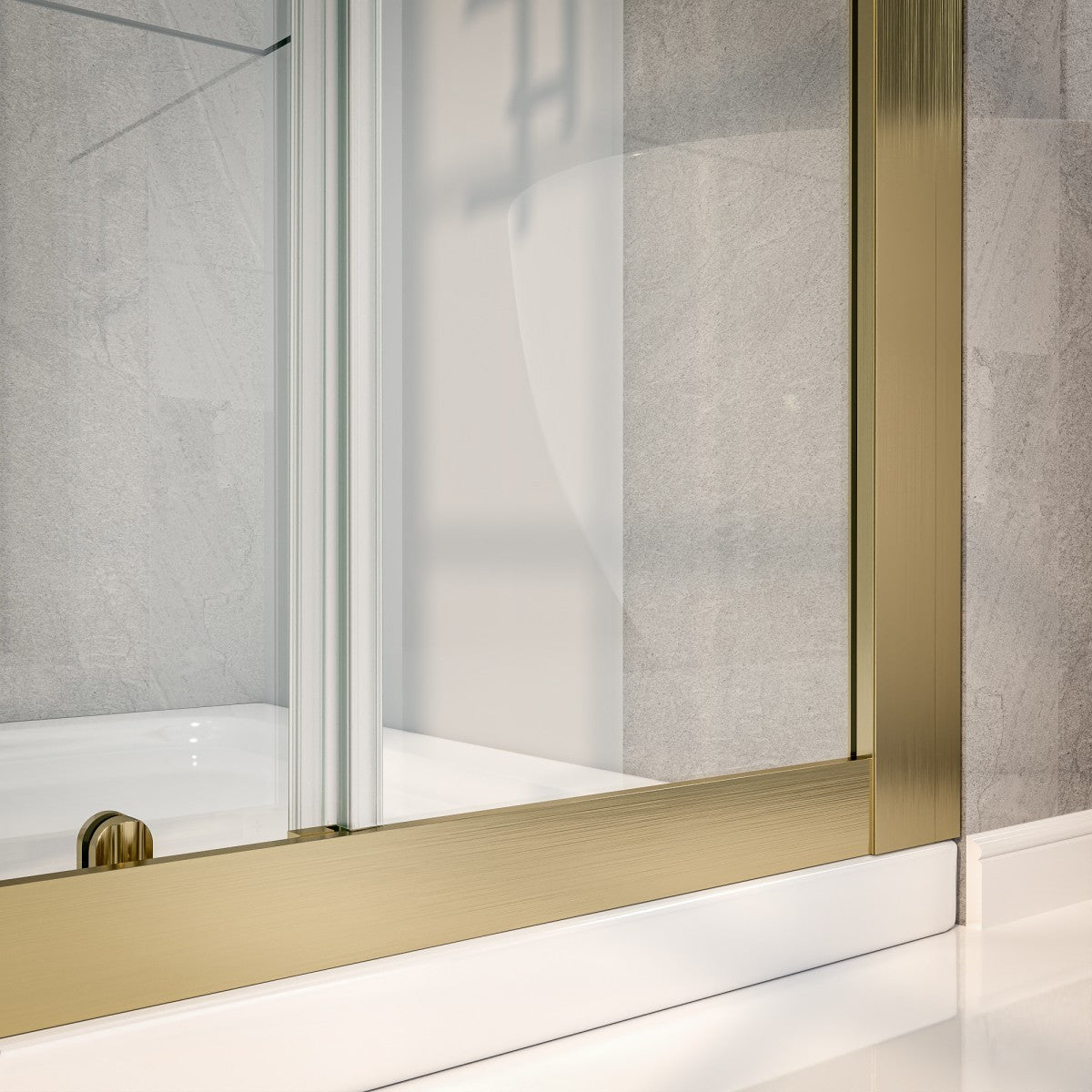 Bathroom with a glass shower enclosure and gold-framed mirror.
