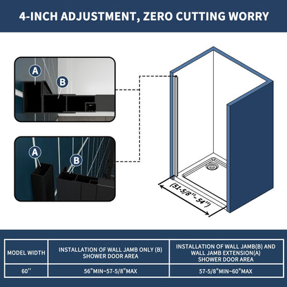 Nexus 56-60W x 70.H Easy Clean Double Framed Sliding Shower Door with 1/4" (6mm) Clear SGCC Tempered Glass,Matte Black Finish