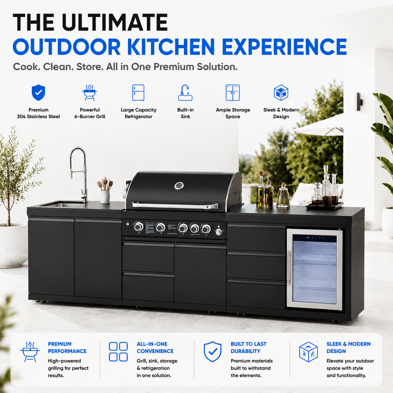 Outdoor Kitchen Island 102.4 Inch 4 Burner Propane Gas BBQ Grill 59500 BTU 304 Stainless Steel Black Color With CSA, ETL Certification + Sink + Refrigerator