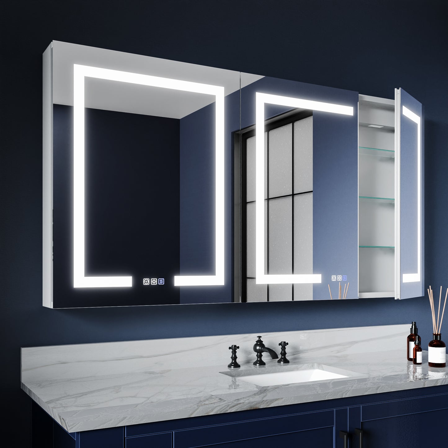 Boost-M1 54" W x 30" H Light Medicine Cabinet Recessed or Surface Mount Aluminum Adjustable Shelves Vanity Mirror Cabinet