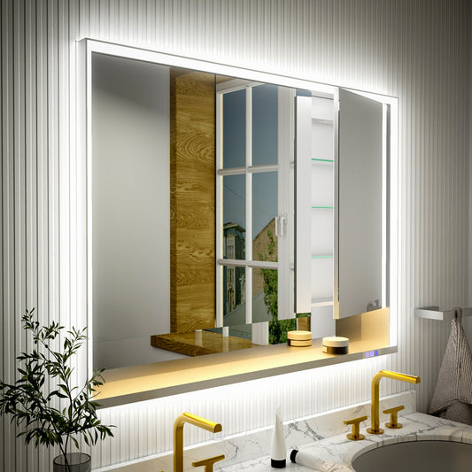 Ample 48" W x 36" H LED Lighted Chrome Medicine Cabinet with Mirror and Shelves for Bathroom Recessed or Surface Mount