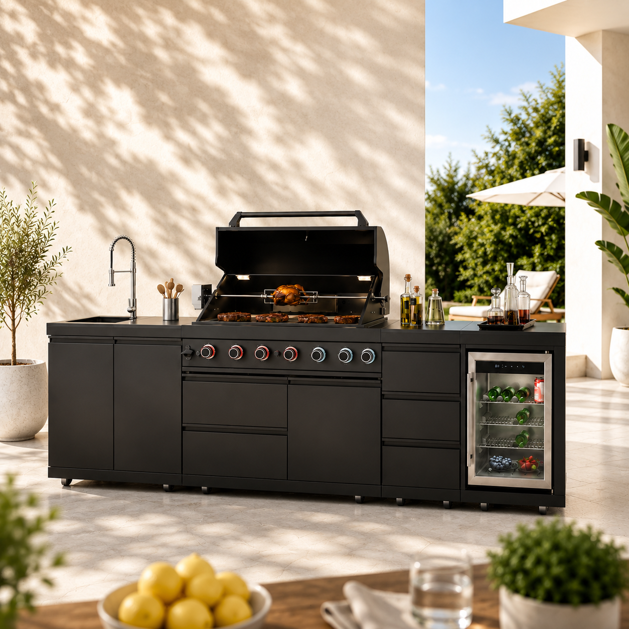 Outdoor Kitchen Island 114 Inch 6 Burner Propane Gas BBQ Grill 83500 BTU 304 Stainless Steel Black Color With CSA, ETL Certification + Sink + Refrigerator