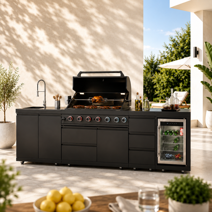 Outdoor Kitchen Island 114 Inch 6 Burner Propane Gas BBQ Grill 83500 BTU 304 Stainless Steel Black Color With CSA, ETL Certification + Sink + Refrigerator