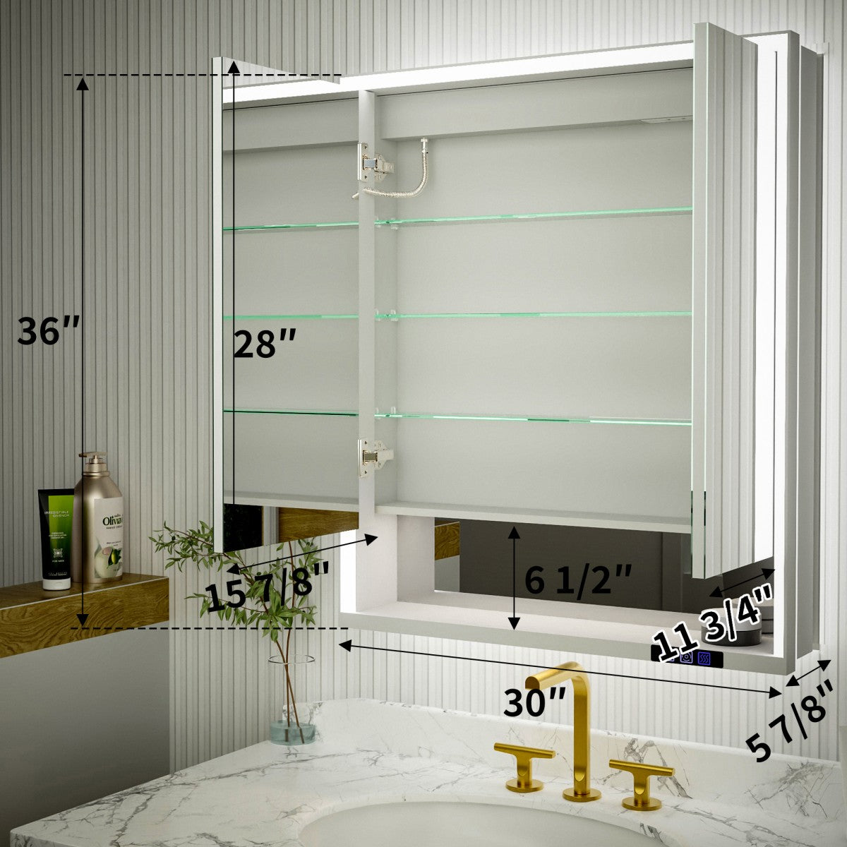 Ample 30" W x 36" H Contemporary Medicine Cabinet with LED Light, Mirror, and Shelves for Bathroom Recessed or Surface Mount