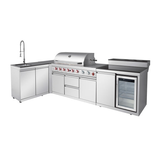 Outdoor Kitchen Island 95.8 Inch 6+1 Burner Propane Gas BBQ Grill 95500 BTU 304 Stainless Steel Silver Color With CSA, ETL Certification + Sink + Refrigerator + Bar Table