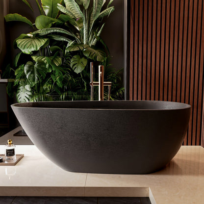 Allsumhome RockE 59" Imitation Natural Stone Freestanding Bathtub,Stone Touch,Pure Black,Scratch-proof,cUPC Certified,No Drain