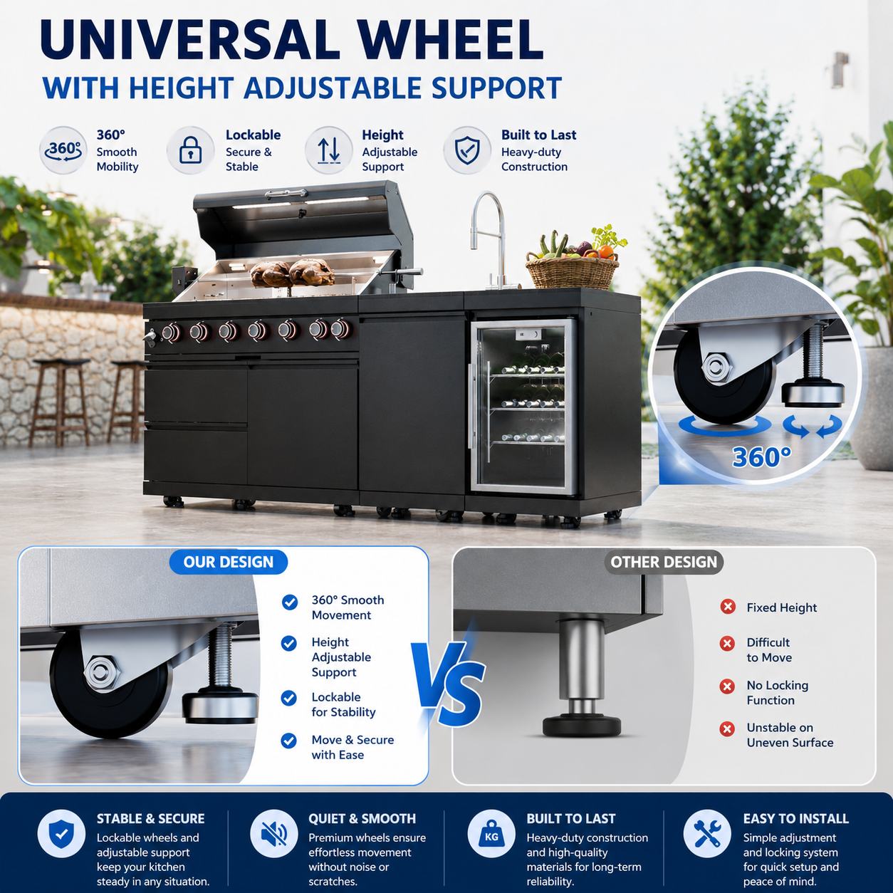 46-Inch 4-Burner 72000 BTU Deluxe Stainless Steel Gas Outdoor Kitchen Bar Barbecue Island Grill + Wine Cooler Compact Refrigerator + Rotisserie kit + Granite Countertops + Stainless steel Sink-85