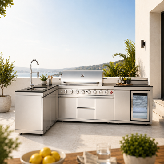 Outdoor Kitchen Island 95.8 Inch 6+1 Burner Propane Gas BBQ Grill 95500 BTU 304 Stainless Steel Silver Color With CSA, ETL Certification + Sink + Refrigerator + Bar Table