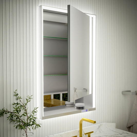 Ample 24" W x 36" H LED Lighted Chrome Bathroom Medicine Cabinet with Mirror and Shelves, Right Hinge for Recessed or Surface Mount