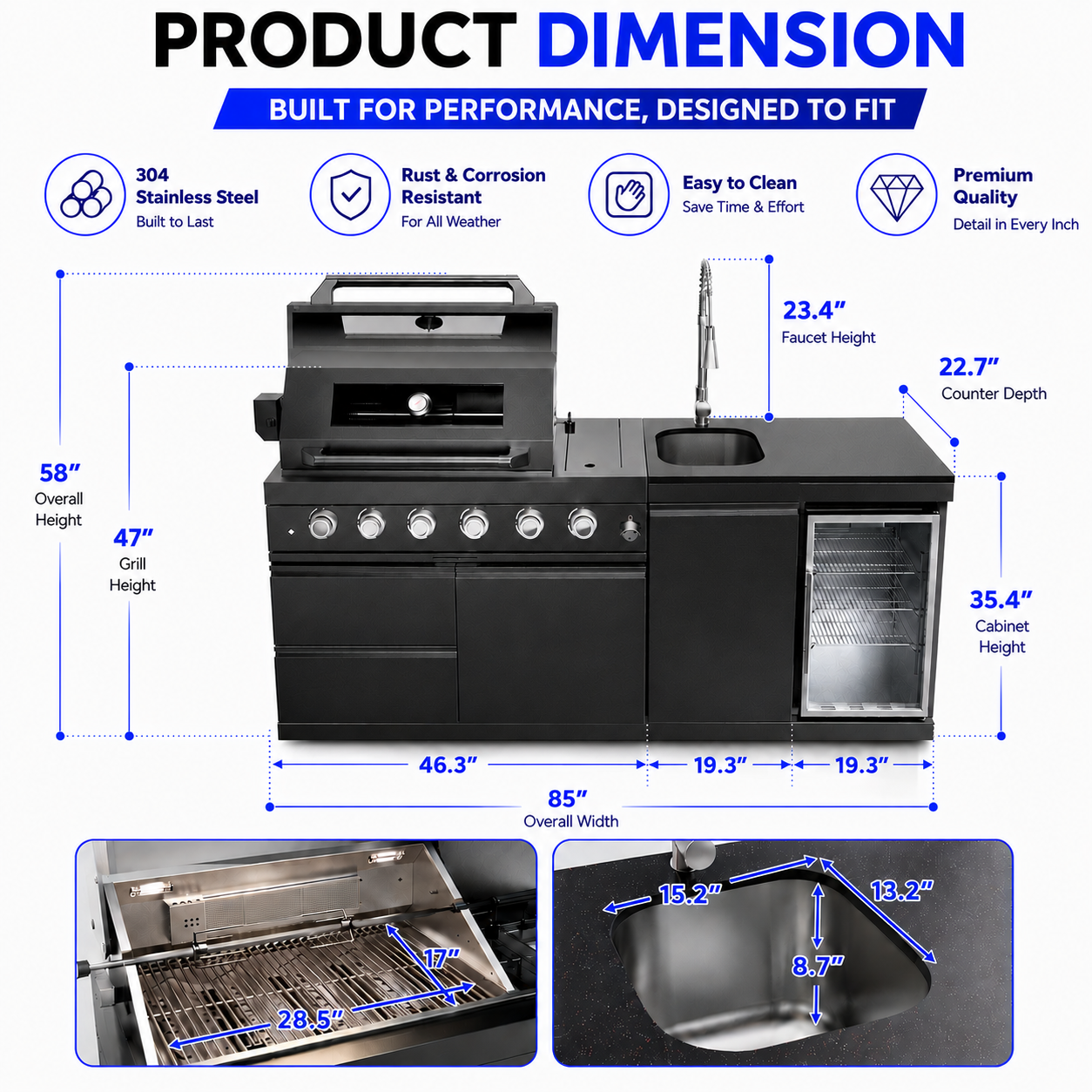 46-Inch 4-Burner 72000 BTU Deluxe Stainless Steel Gas Outdoor Kitchen Bar Barbecue Island Grill + Wine Cooler Compact Refrigerator + Rotisserie kit + Granite Countertops + Stainless steel Sink-85