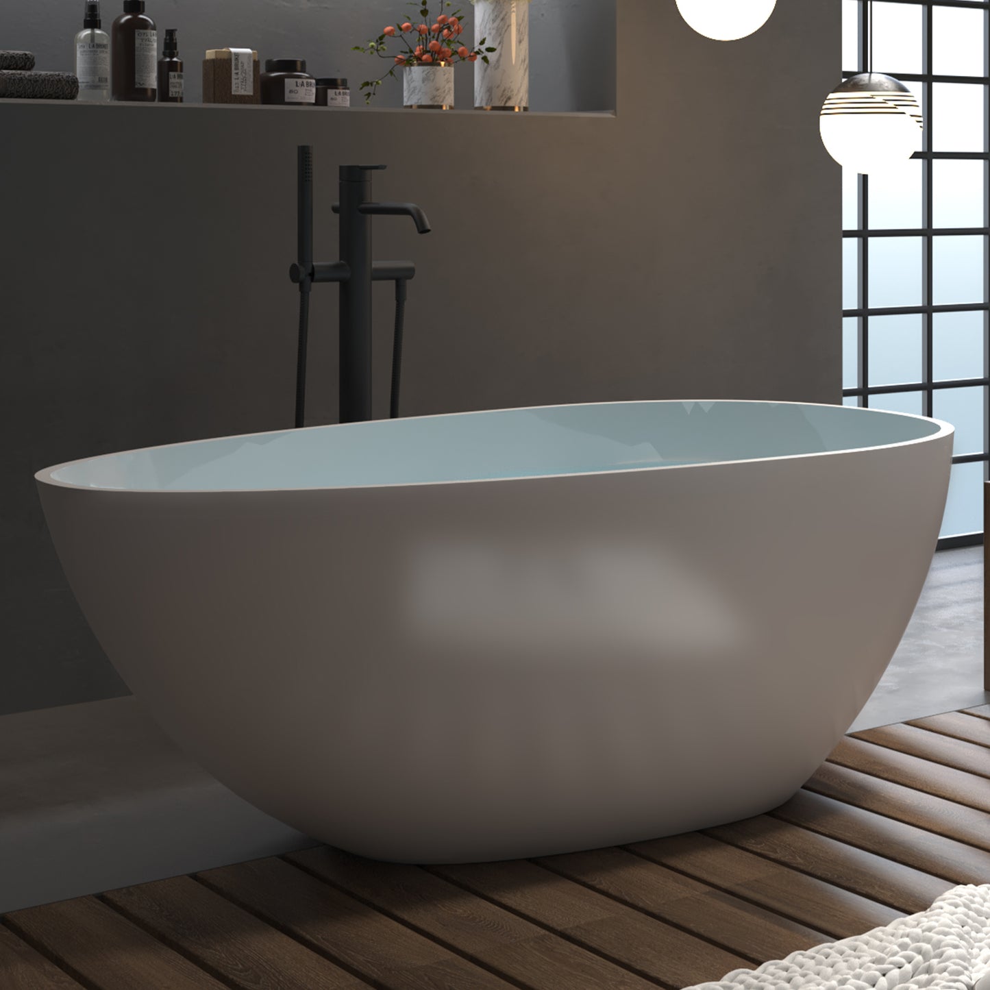 ExBrite 59" Solid Surface Free standing tub Bathroom Adult Egg Shaped Bathtub