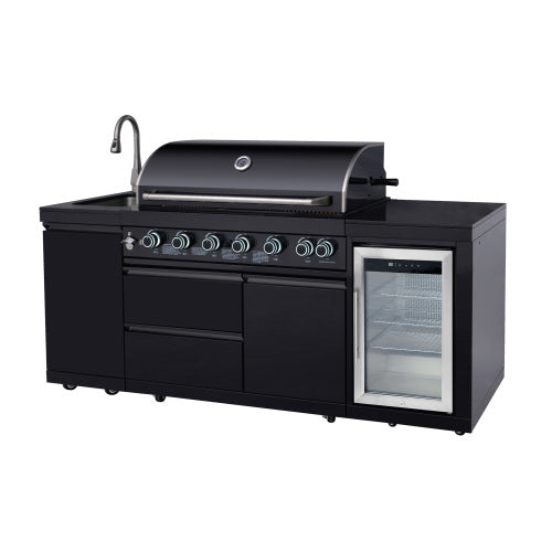 Outdoor Kitchen Island 82.5 Inch 6 Burner Propane Gas BBQ Grill 83500 BTU 304 Stainless Steel Black Color With CSA, ETL Certification + Sink + Refrigerator