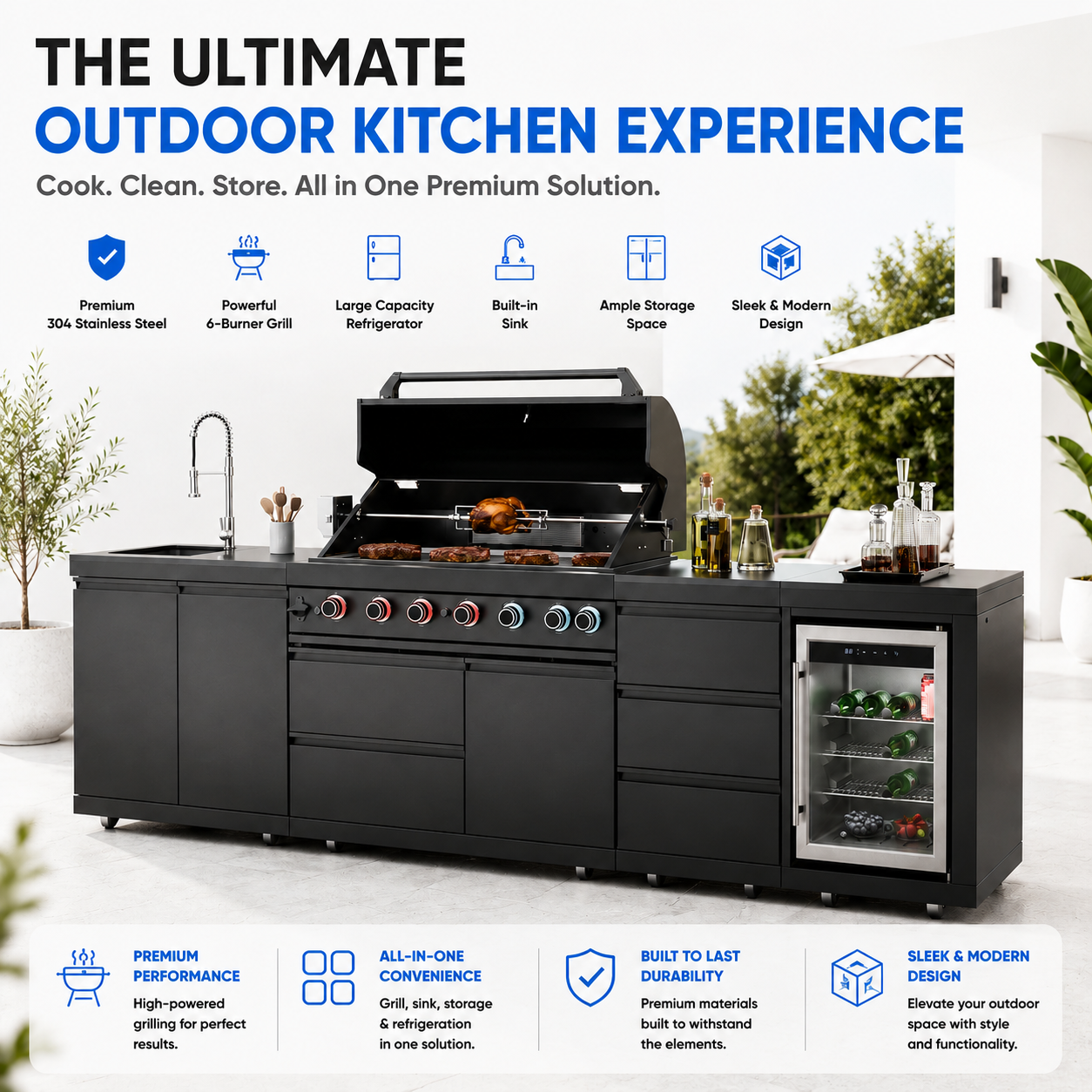 Outdoor Kitchen Island 114 Inch 6 Burner Propane Gas BBQ Grill 83500 BTU 304 Stainless Steel Black Color With CSA, ETL Certification + Sink + Refrigerator