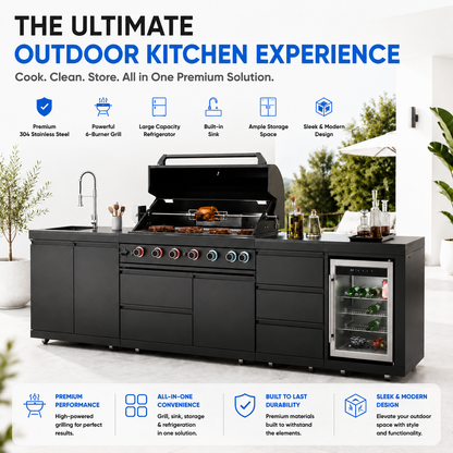 Outdoor Kitchen Island 114 Inch 6 Burner Propane Gas BBQ Grill 83500 BTU 304 Stainless Steel Black Color With CSA, ETL Certification + Sink + Refrigerator