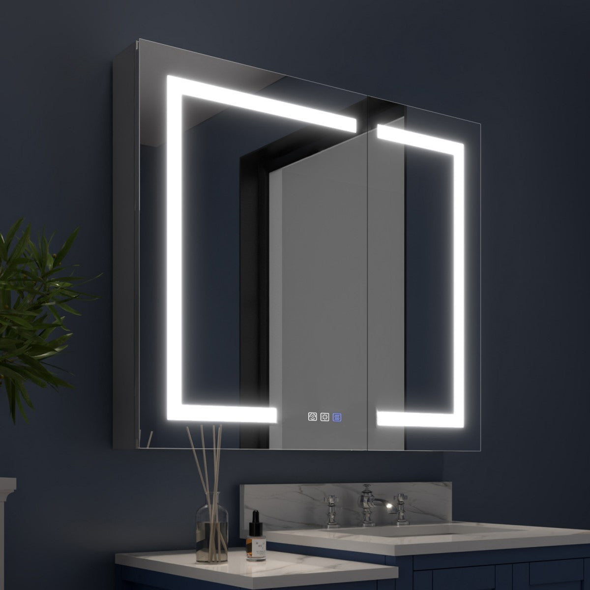 Boost-M2 36" W x 32" H Bathroom Light Medicine Cabinets Recessed or Surface Defogger, Dimmer, Outlets & USB