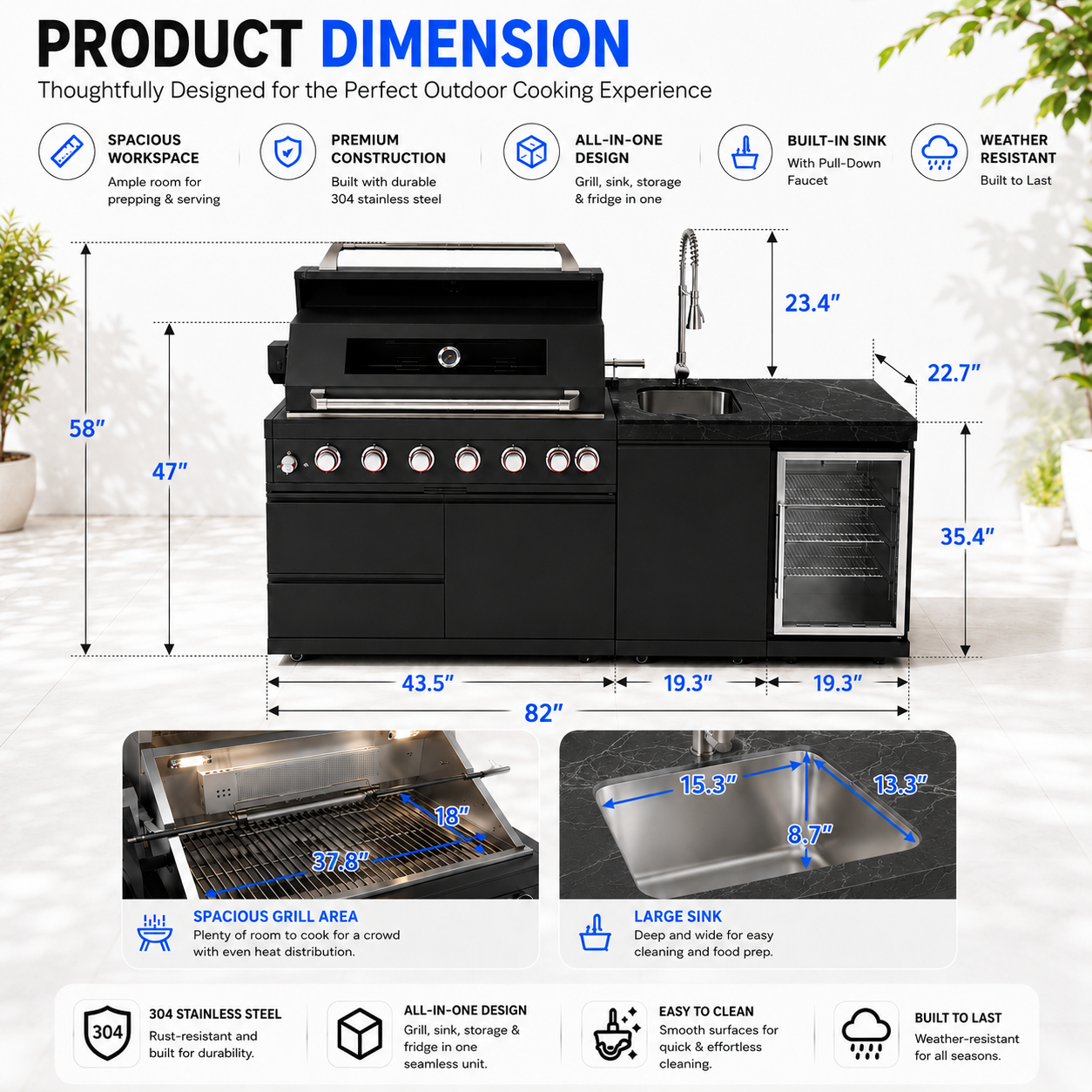 43-Inch 6-Burner 85,000 BTU Stainless Steel Outdoor Kitchen Island Grill with Wine Cooler Refrigerator, Rotisserie Kit, Granite Countertops & Stainless Steel Sink
