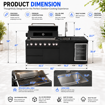 43-Inch 6-Burner 85,000 BTU Stainless Steel Outdoor Kitchen Island Grill with Wine Cooler Refrigerator, Rotisserie Kit, Granite Countertops & Stainless Steel Sink