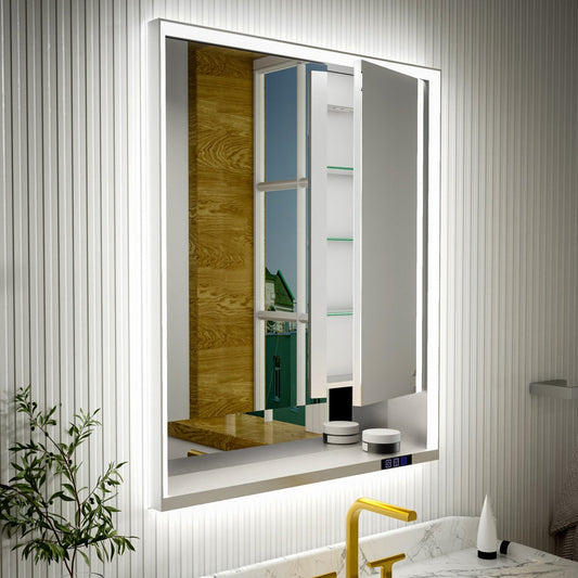 Ample 30" W x 36" H Contemporary Medicine Cabinet with LED Light, Mirror, and Shelves for Bathroom Recessed or Surface Mount