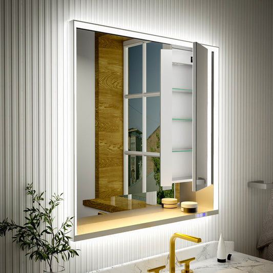 Ample 36" W x 36" H LED Lighted Chrome Medicine Cabinet with Mirror and Shelves for Bathroom Recessed or Surface Mount