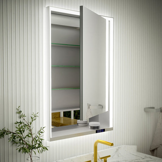 Ample 24" W x 36" H LED Lighted Chrome Medicine Cabinet with Mirror and Shelves for Bathroom Recessed or Surface Mount, Right Hinge