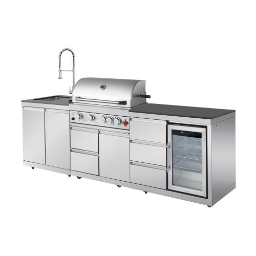 Outdoor Kitchen Island 102.4 Inch 4 Burner Propane Gas BBQ Grill 59500 BTU 304 Stainless Steel Silver Color With CSA, ETL Certification + Sink + Refrigerator
