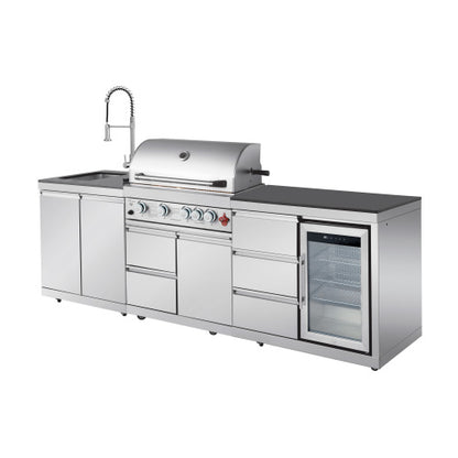 Outdoor Kitchen Island 102.4 Inch 4 Burner Propane Gas BBQ Grill 59500 BTU 304 Stainless Steel Silver Color With CSA, ETL Certification + Sink + Refrigerator