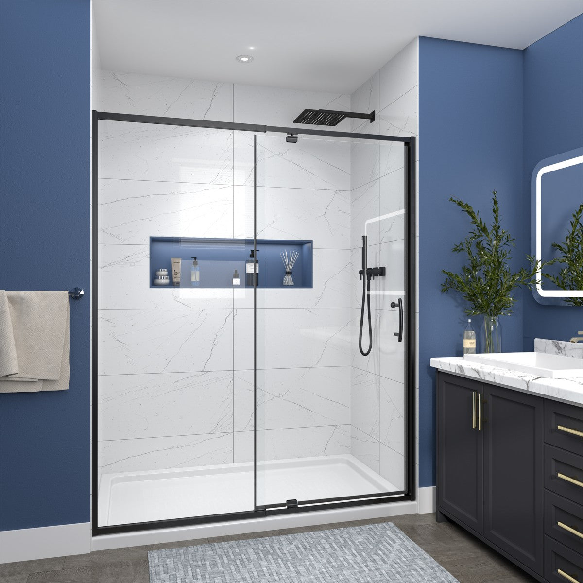 Flexi Showers 56-60" W x 71" H Glass Shower Doos Semi-Frameless,6mm Clear Tempered Glass Panel,Black Finish - ExBriteUSA