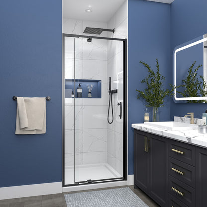 Flexi Showers 28-32" W x 72" H Glass Shower Doos Semi-Frameless,6mm Clear Tempered Glass Panel, Black Finish - ExBriteUSA