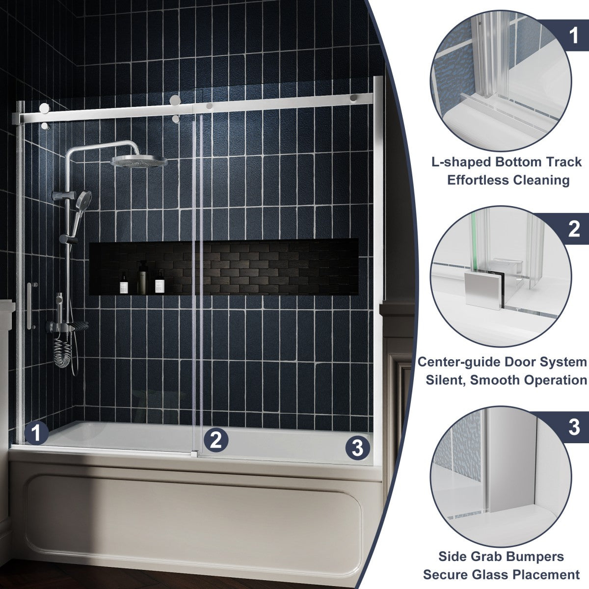Zephyr 56-60" Semi-Frameless Single Sliding Tub Door,Chrome,Bypass Bathtub Shower Tempered Glass Door with Explosion-Proof Film
