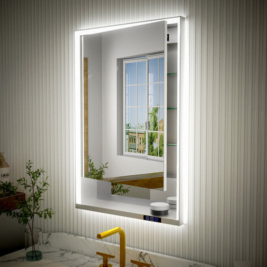 Ample 24" W x 36" H LED Lighted Chrome Medicine Cabinet with Mirror and Shelves for Bathroom Recessed or Surface Mount