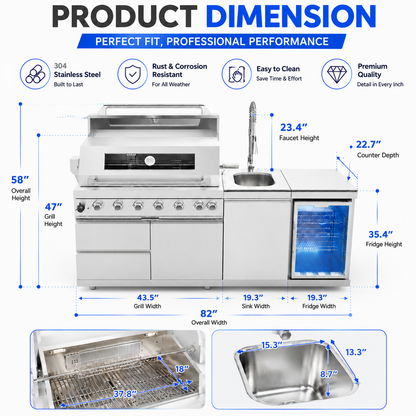 44-Inch 6-Burner 85,000 BTU Deluxe Stainless Steel Gas Outdoor Kitchen Island Grill with Wine Cooler Refrigerator, Rotisserie, Granite Countertops, Storage Cabinets & Drawers